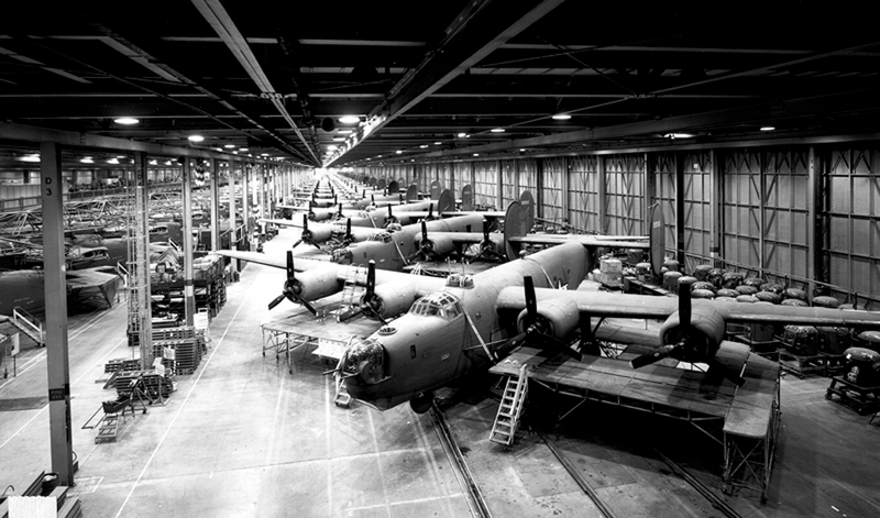 Consolidated B-24 Liberator bombers under construction at the Willow Run factory in Michigan.